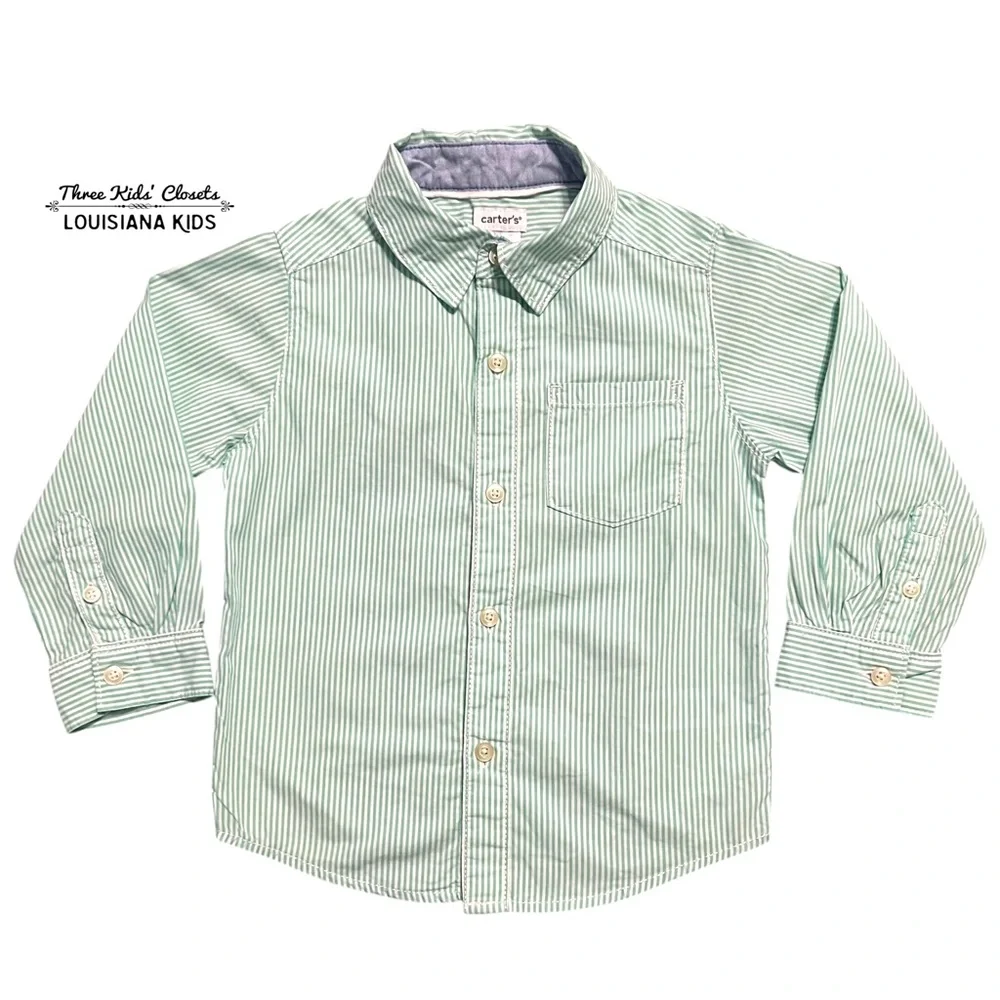 Carter's 24m Green Seersucker Striped Button Down Shirt